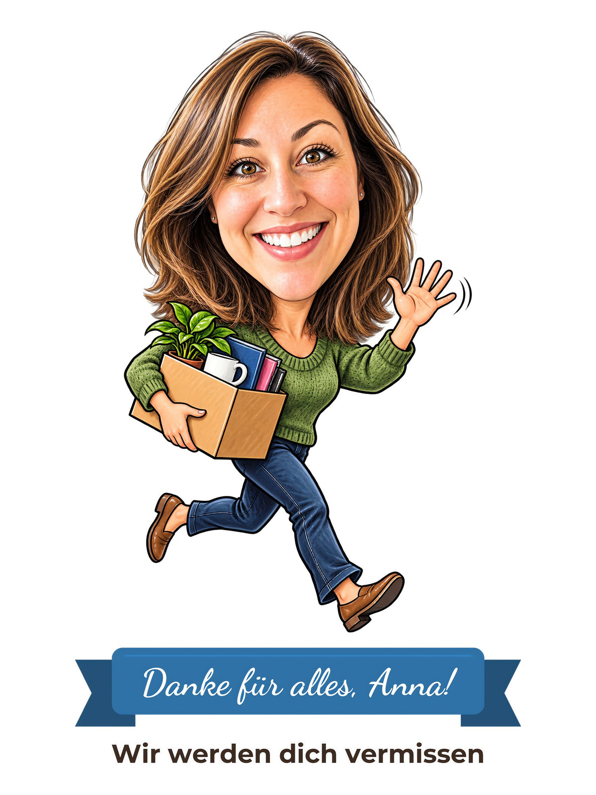 Beispiel-Motiv: lustige Karikatur einer Frau, die mit Bürokarton winkend davonläuft, Textband „Danke für alles, Anna!“