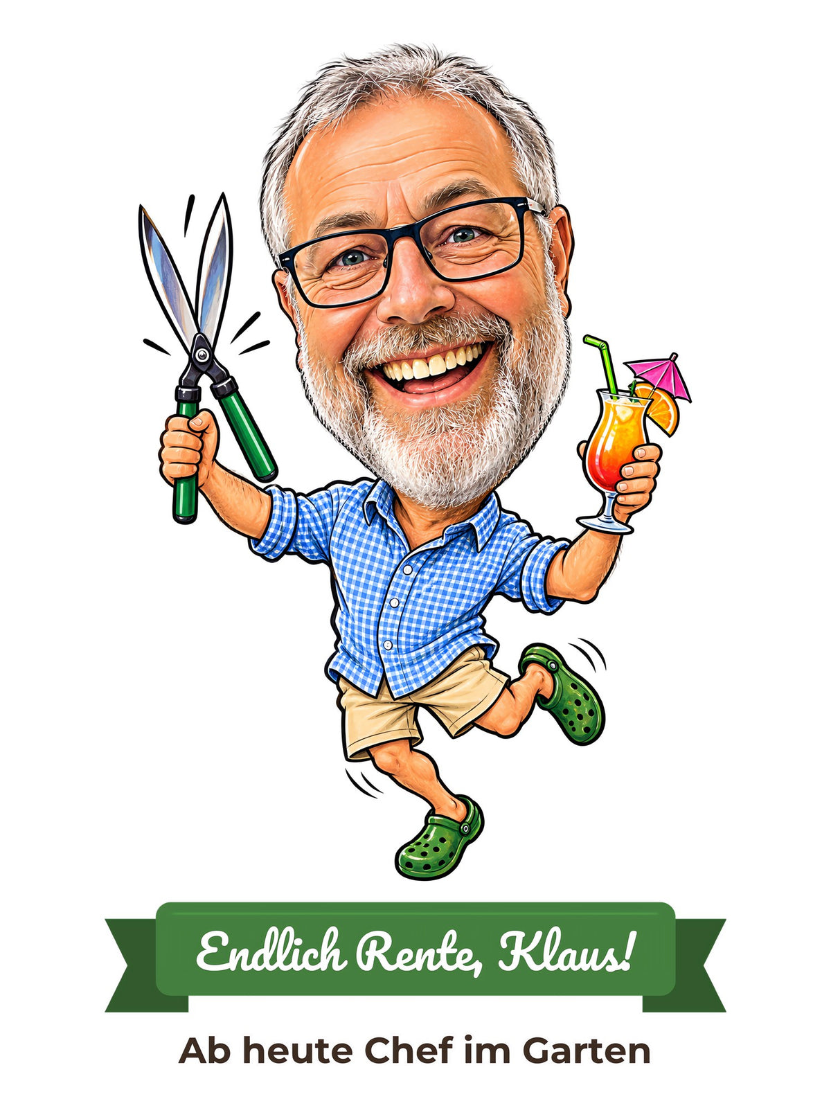 Beispiel-Motiv: lustige Rentner-Karikatur mit Heckenschere und Cocktail, Textband „Endlich Rente, Klaus!“