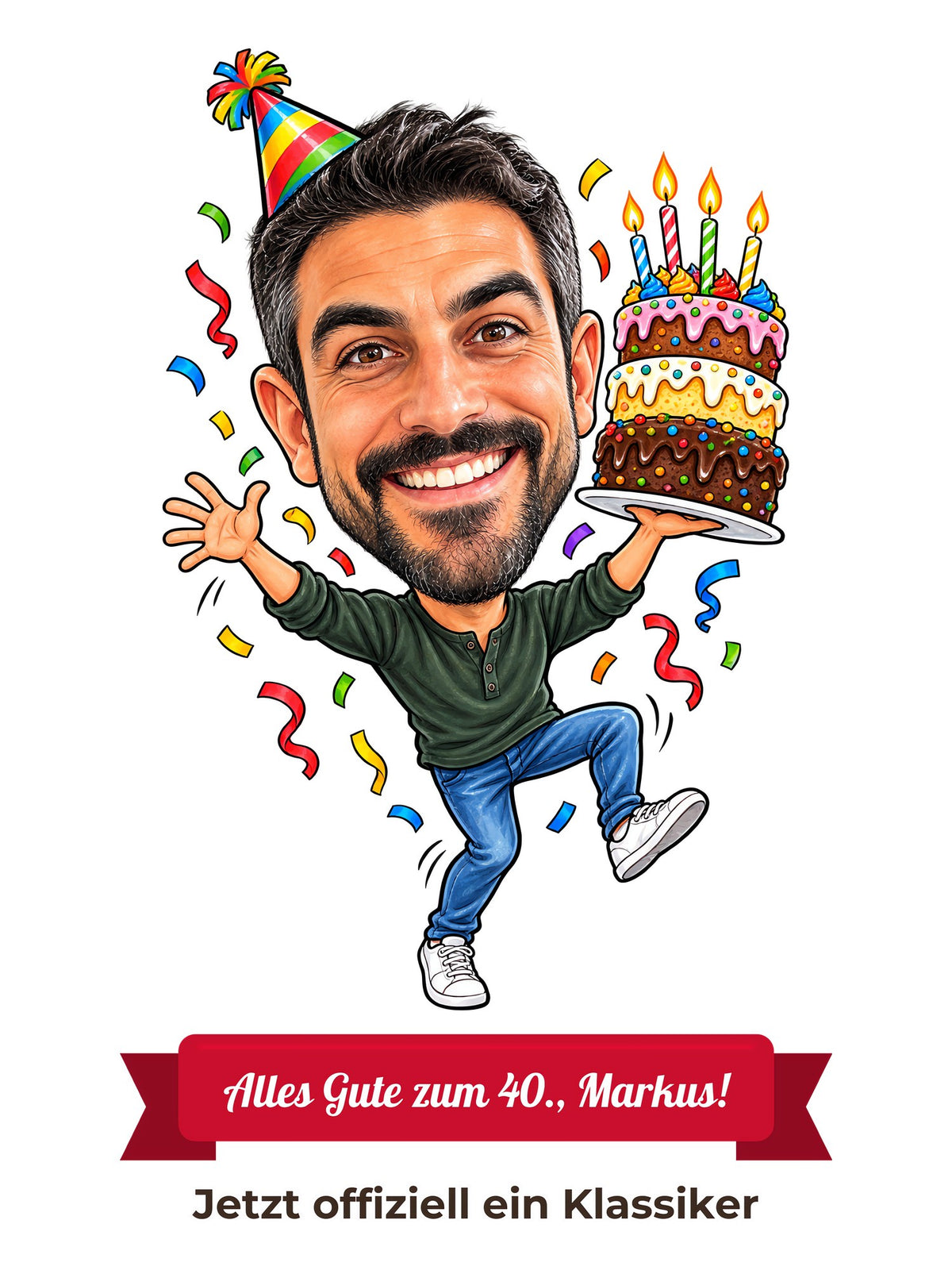 Beispiel-Motiv: lustige Geburtstags-Karikatur mit Partyhut, Torte und Konfetti, Textband „Alles Gute zum 40., Markus!“