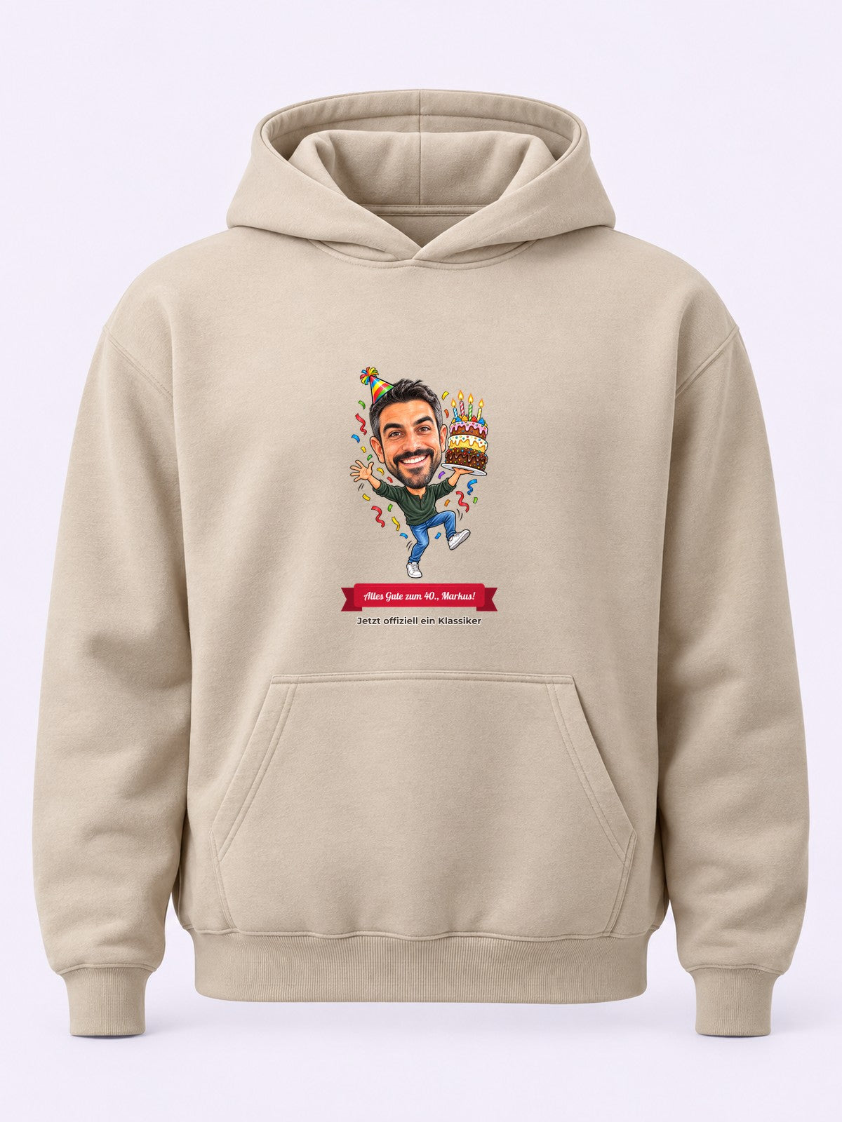 Beispiel: Hoodie mit lustiger Karikatur und Textband