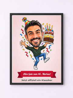 Beispiel: personalisiertes Bild mit Rahmen 30 × 40 cm – Karikatur vom Foto mit Textband