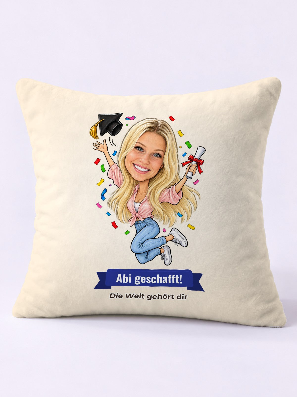Beispielbild: Kissen 40 × 40 cm mit lustiger Karikatur zum Anlass Abitur