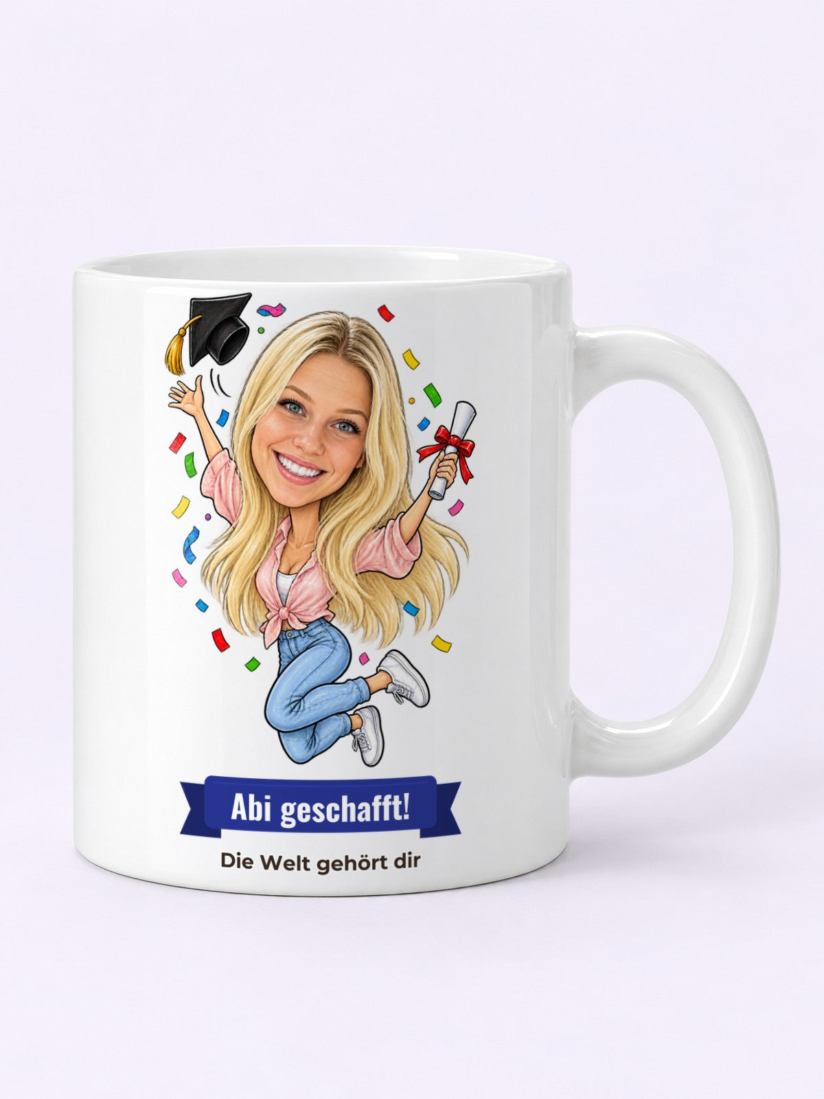 Beispielbild: Tasse mit lustiger Karikatur zum Anlass Abitur