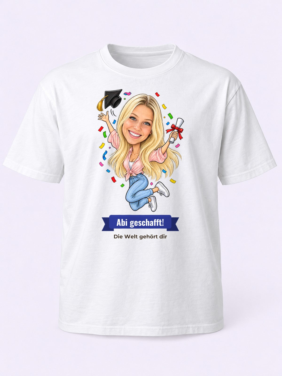 Beispielbild: T-Shirt in Weiß mit lustiger Karikatur zum Anlass Abitur
