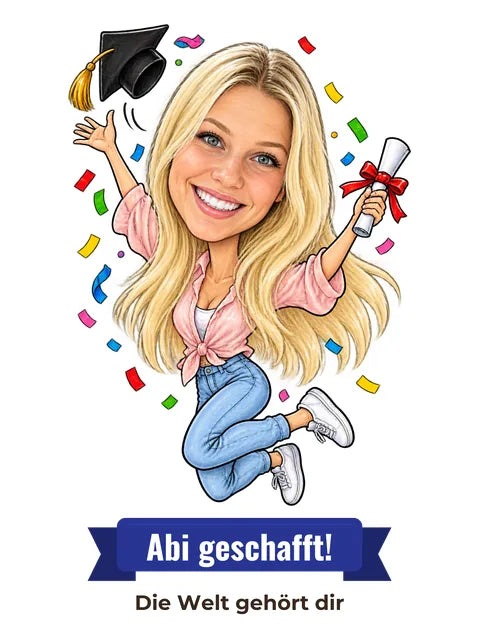 Beispielbild: lustige Karikatur zum Anlass Abitur mit Textband „Abi geschafft!“