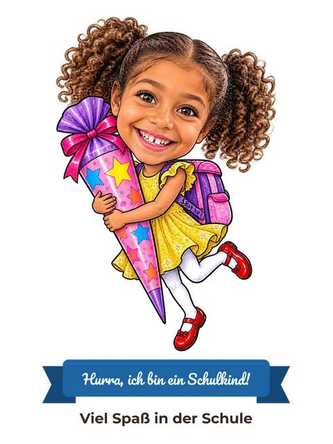 Beispielbild: lustige Karikatur zum Anlass Einschulung mit Textband „Hurra, ich bin ein Schulkind!“