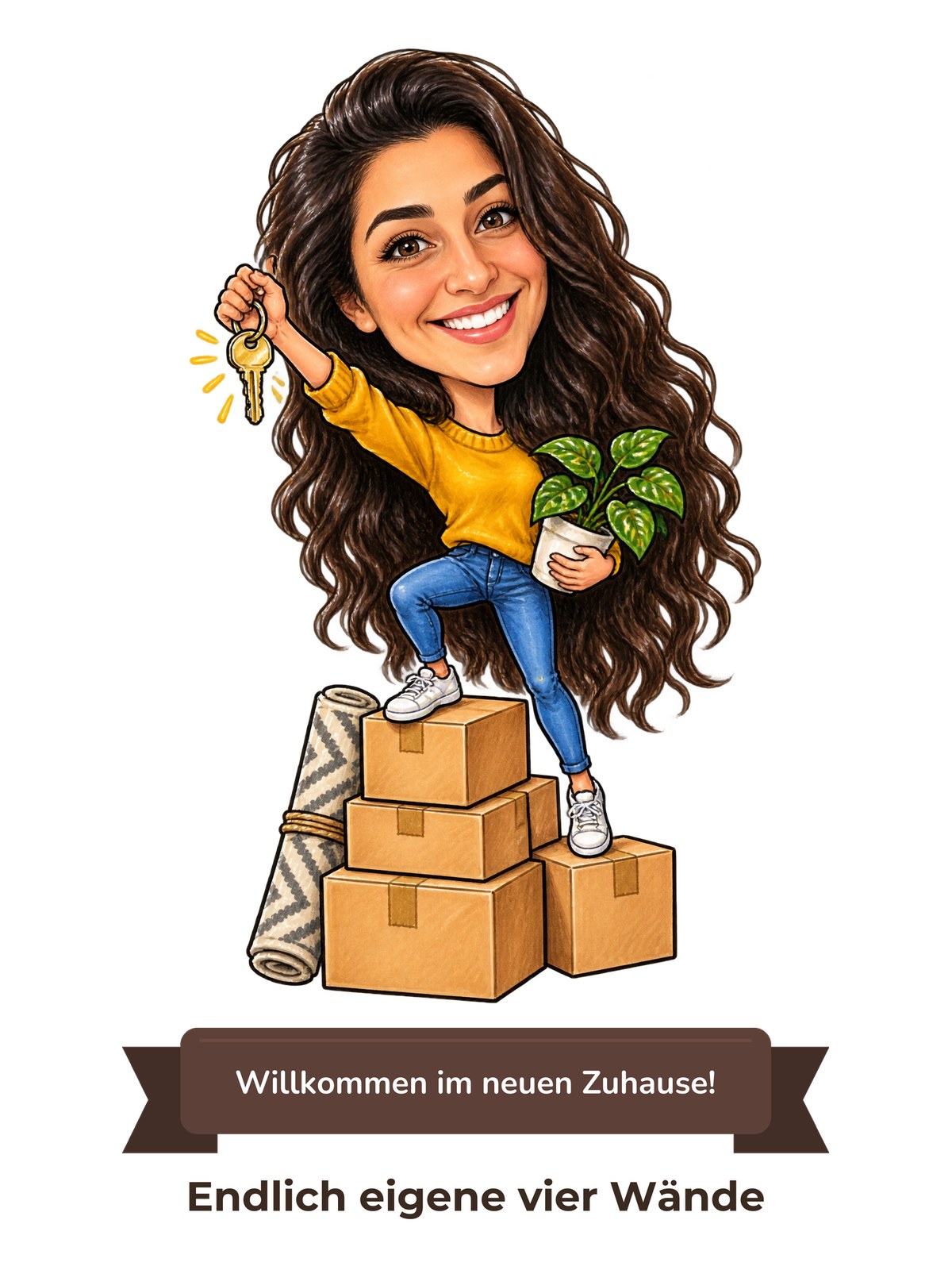 Beispielbild: lustige Karikatur zum Anlass Einzug / Umzug mit Textband „Willkommen im neuen Zuhause!“
