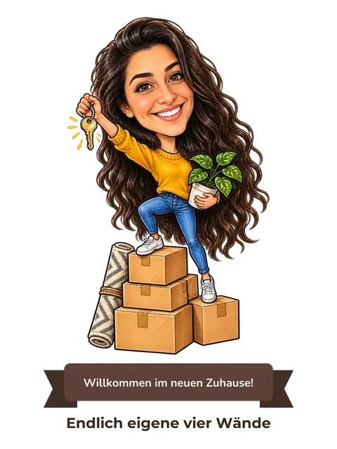 Beispielbild: lustige Karikatur zum Anlass Einzug / Umzug mit Textband „Willkommen im neuen Zuhause!“