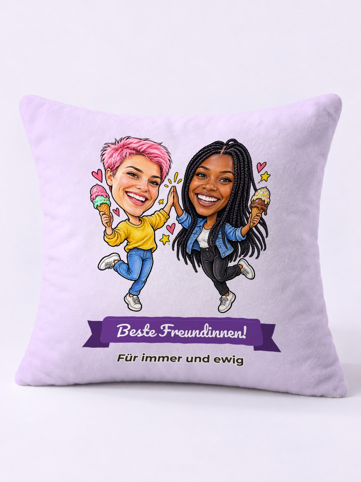 Personalisiertes Kissen mit Karikatur zum Anlass Freundschaft – Beispielbild