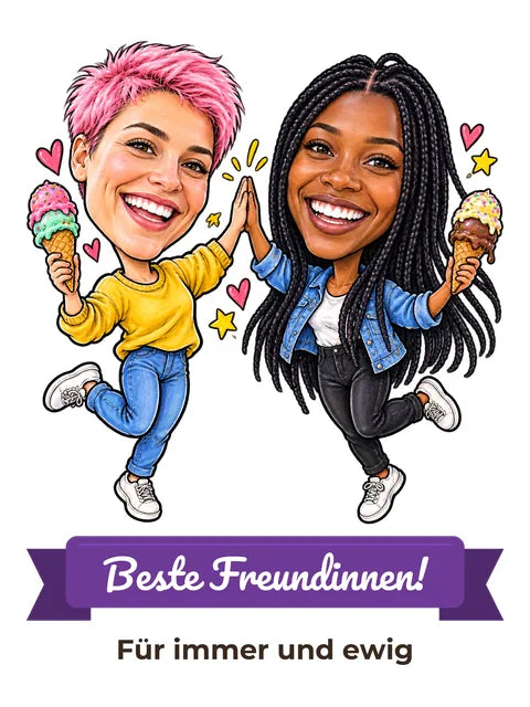 Beispielbild: lustige Karikatur zum Anlass Freundschaft mit Textband „Beste Freundinnen!“