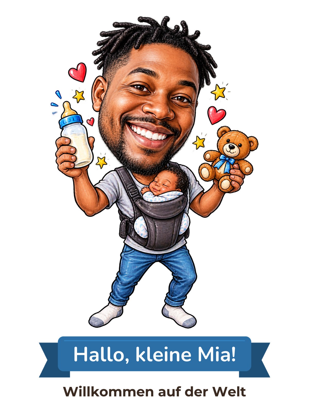 Beispielbild: lustige Karikatur zum Anlass Geburt mit Textband „Hallo, kleine Mia!“