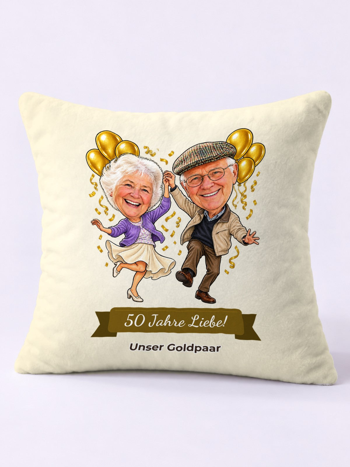 Beispielbild: Kissen 40 × 40 cm mit lustiger Karikatur zum Anlass Goldene Hochzeit