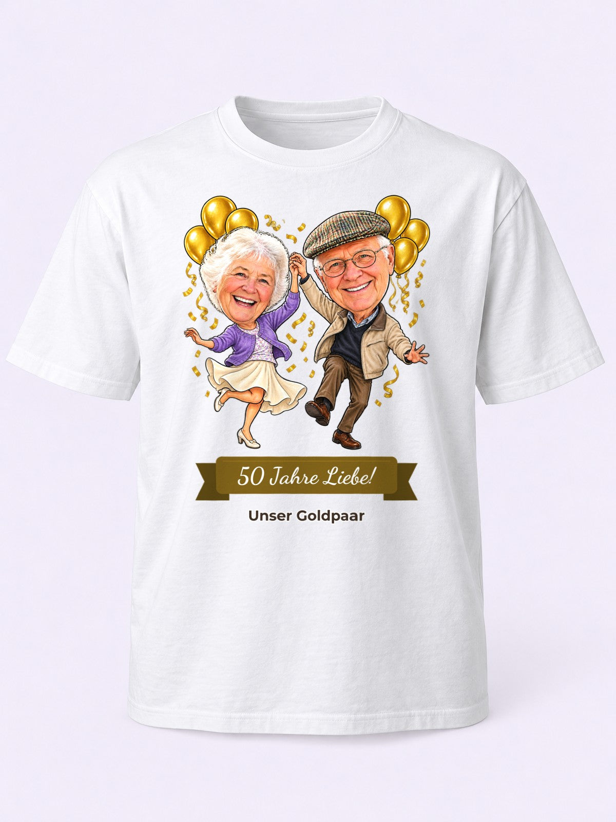 Beispielbild: T-Shirt in Weiß mit lustiger Karikatur zum Anlass Goldene Hochzeit