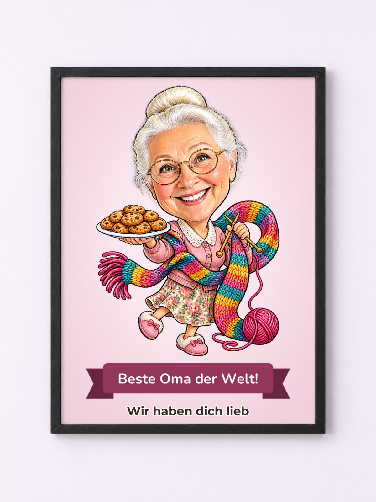 Personalisiertes Poster mit schwarzem Rahmen und Karikatur zum Anlass Oma & Opa – Beispielbild