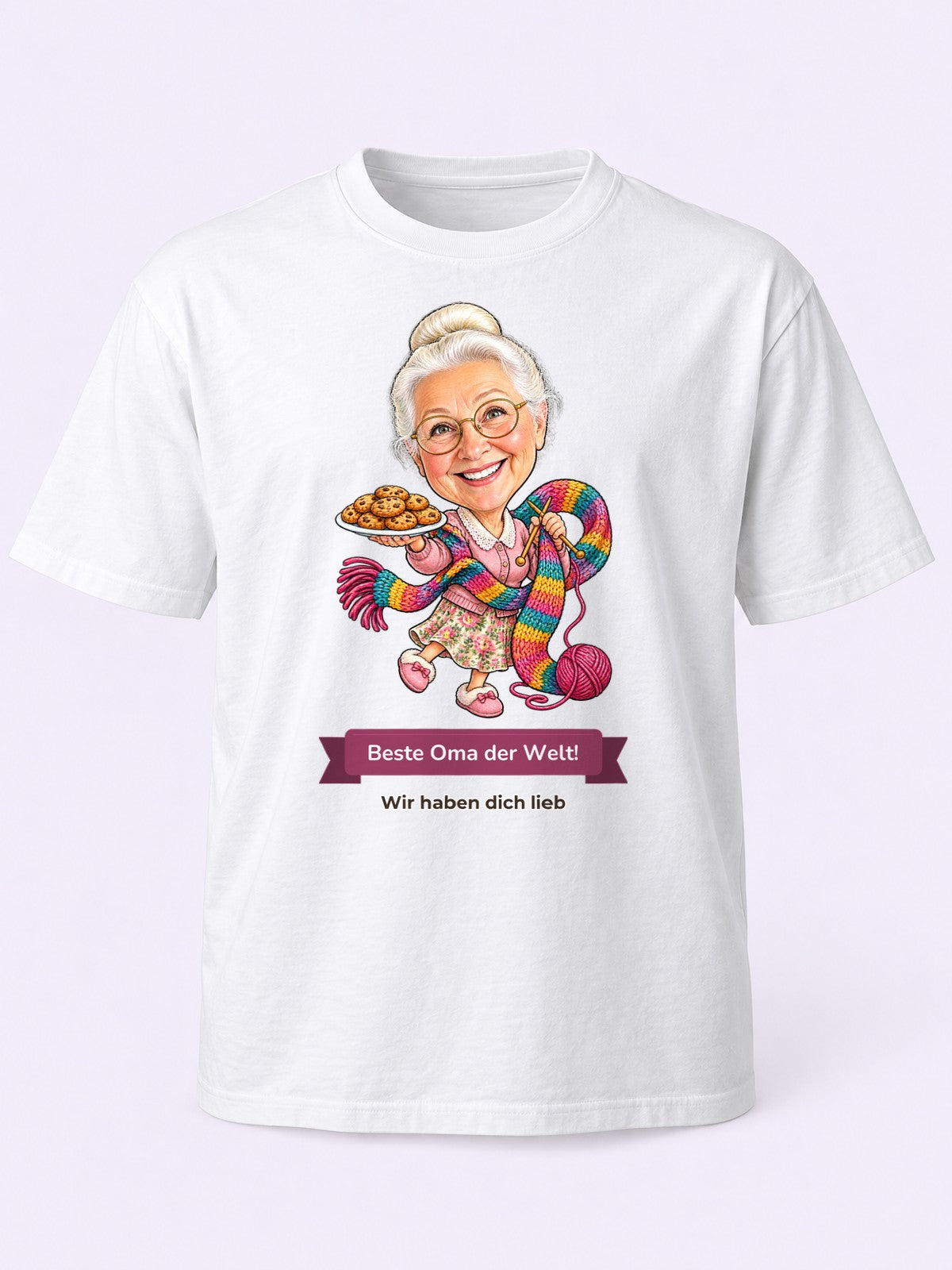 Beispielbild: T-Shirt in Weiß mit lustiger Karikatur zum Anlass Oma & Opa
