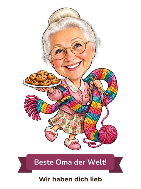 Beispielbild: lustige Karikatur zum Anlass Oma & Opa mit Textband „Beste Oma der Welt!“