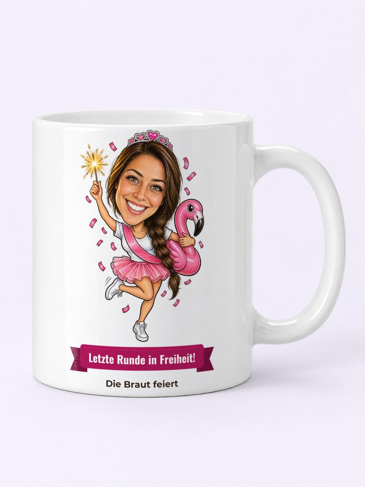 Personalisierte Tasse mit Karikatur zum Anlass Junggesellenabschied – Beispielbild