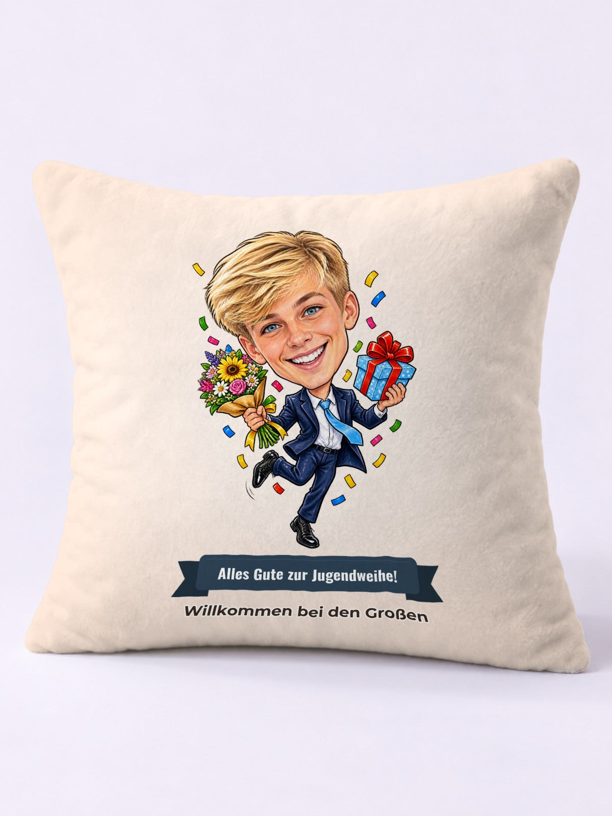 Beispielbild: Kissen 40 × 40 cm mit lustiger Karikatur zum Anlass Jugendweihe