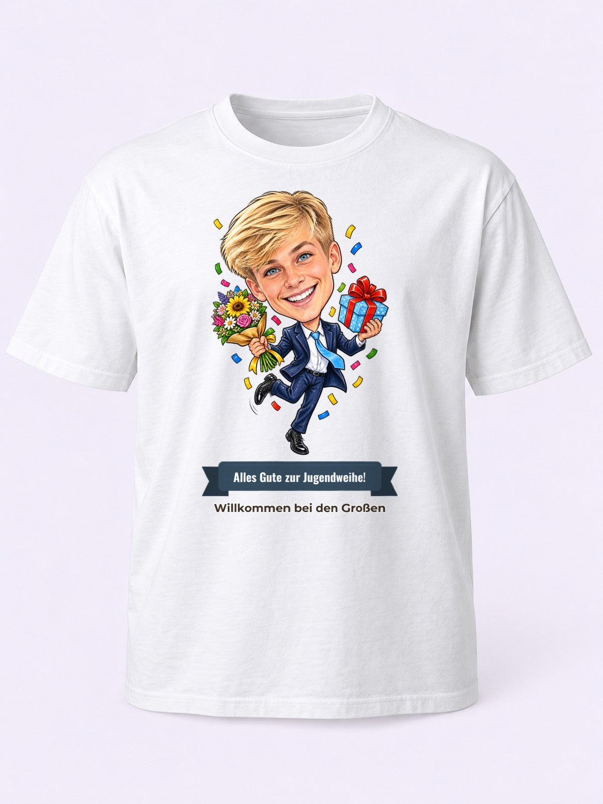 Beispielbild: T-Shirt in Weiß mit lustiger Karikatur zum Anlass Jugendweihe
