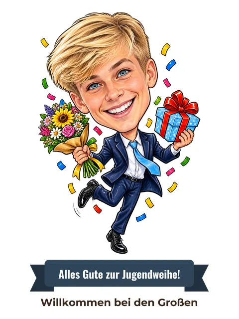 Beispielbild: lustige Karikatur zum Anlass Jugendweihe mit Textband „Alles Gute zur Jugendweihe!“