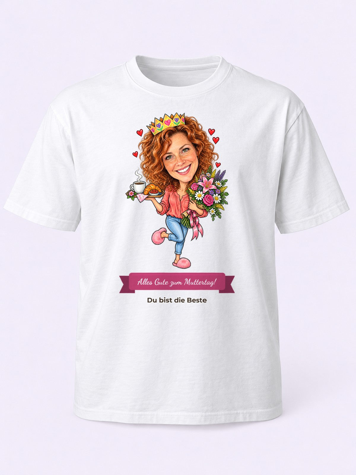 Beispielbild: T-Shirt in Weiß mit lustiger Karikatur zum Anlass Muttertag