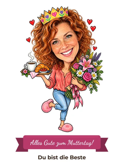 Beispielbild: lustige Karikatur zum Anlass Muttertag mit Textband „Alles Gute zum Muttertag!“