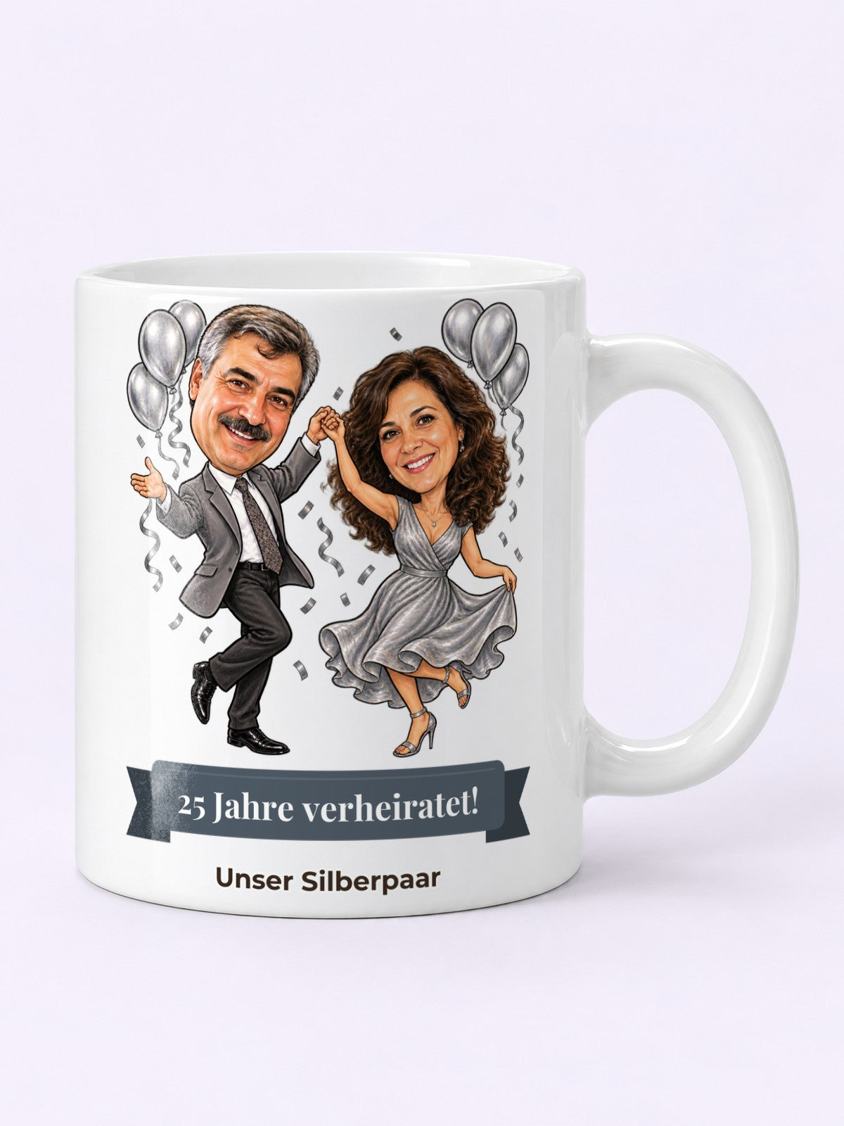 Beispielbild: Tasse mit lustiger Karikatur zum Anlass Silberhochzeit