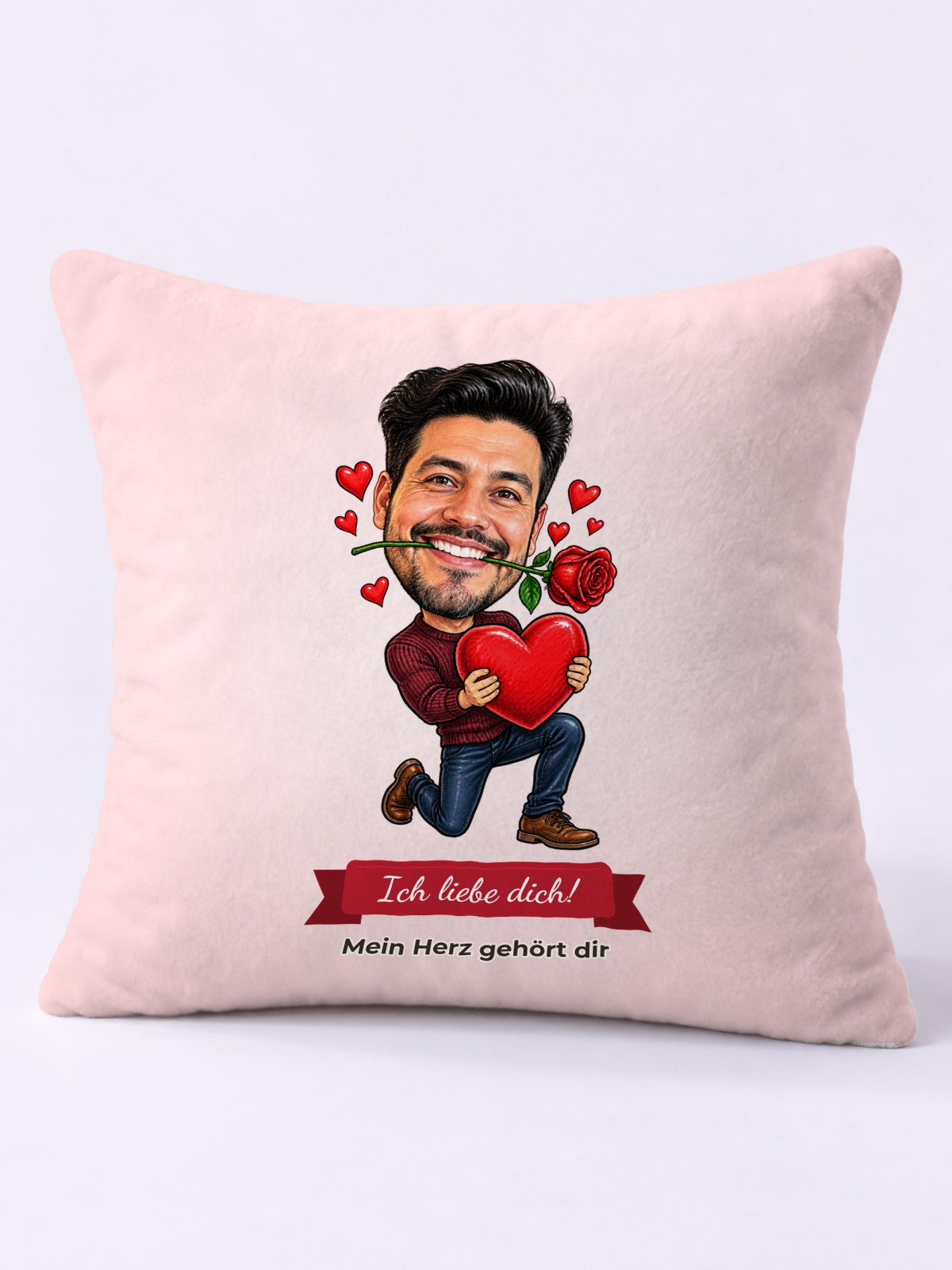Beispielbild: Kissen 40 × 40 cm mit lustiger Karikatur zum Anlass Valentinstag