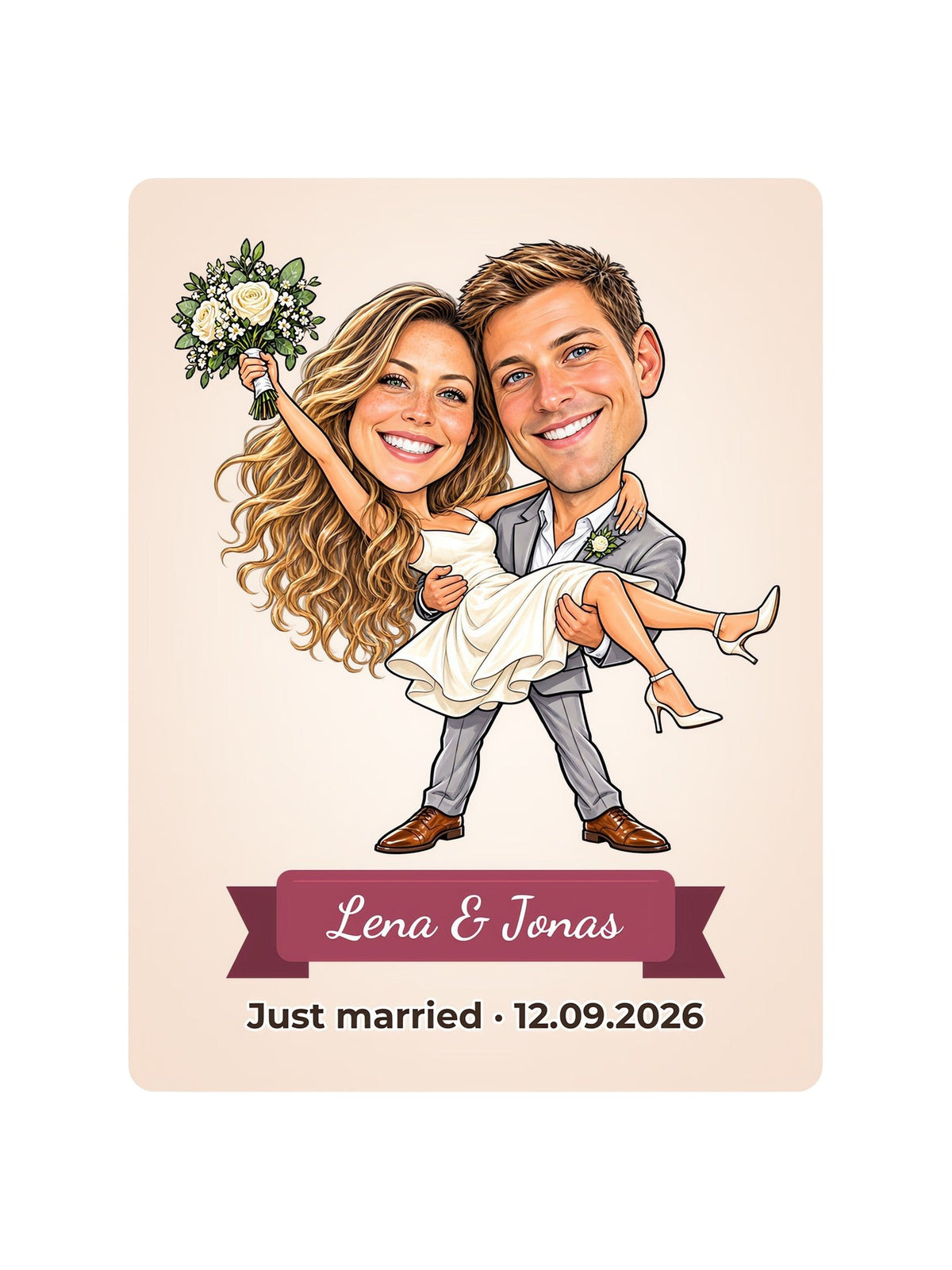 Beispielbild: digitale Datei der Hochzeits-Karikatur mit Namensband „Lena & Jonas“