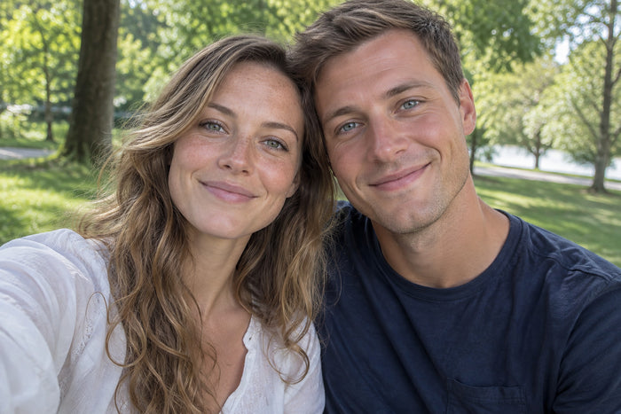 Ausgangsfoto: fröhliches Paar Anfang 30 im Park, sie mit langen welligen dunkelblonden Haaren und Sommersprossen, er mit kurzen hellbraunen Haaren