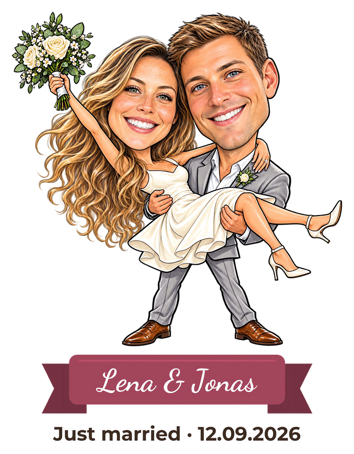 Lustige Hochzeits-Karikatur: der Bräutigam trägt die Braut auf Händen, sie wirft den Brautstrauß, darunter Band „Lena & Jonas“ und „Just married · 12.09.2026“