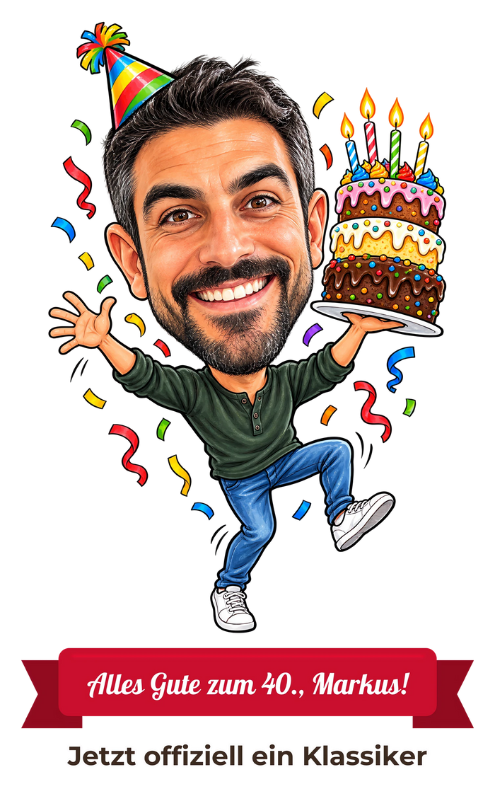 Lustige Geburtstags-Karikatur von Markus mit Partyhut, großer Torte und Konfetti, darunter rotes Band „Alles Gute zum 40., Markus!“ und „Jetzt offiziell ein Klassiker“