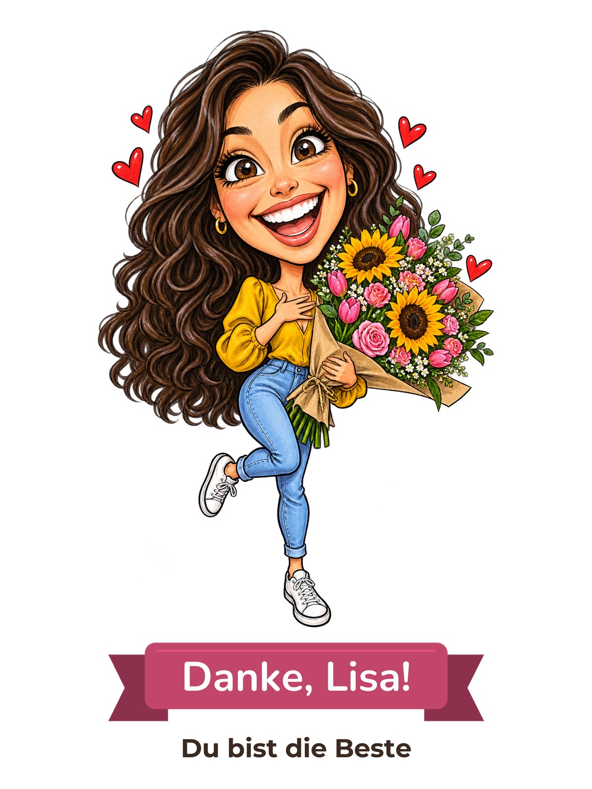 Beispiel-Motiv: lustige Danke-Karikatur einer lachenden Frau mit großem Blumenstrauß, darunter Textband „Danke, Lisa!“