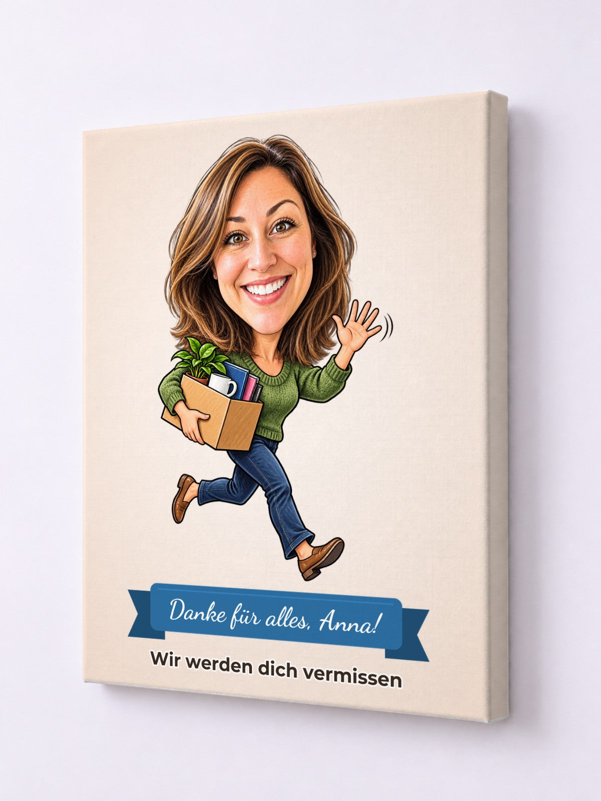 Beispiel: Leinwand 30 × 40 cm mit lustiger Karikatur und Textband