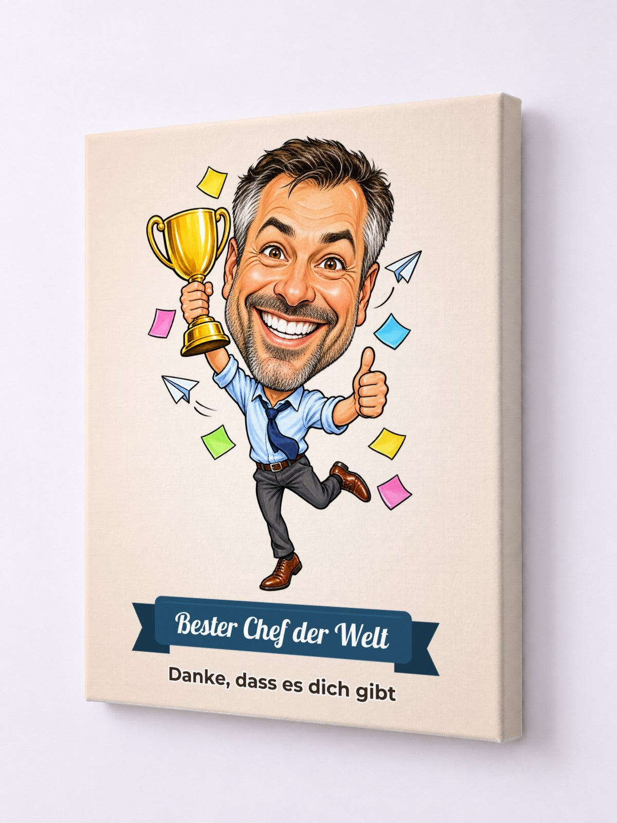 Beispiel: Leinwand 30 × 40 cm mit lustiger Karikatur und Textband