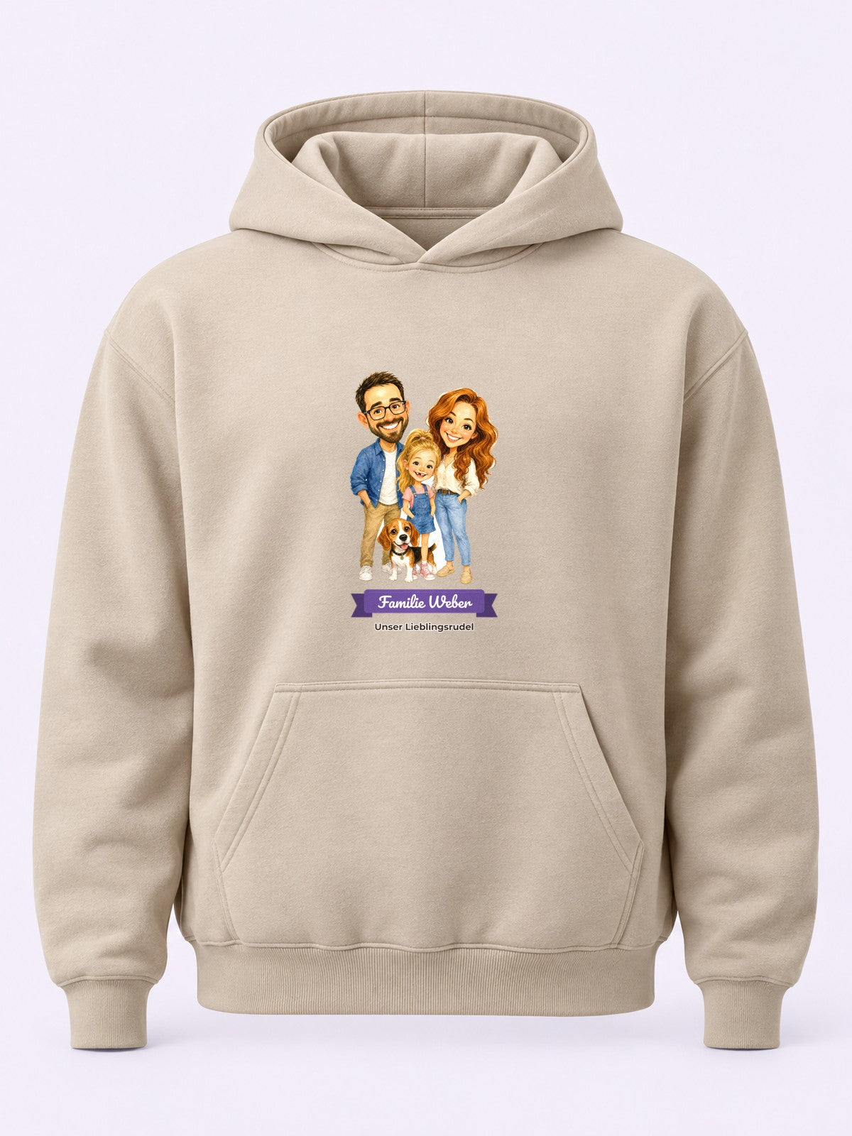 Beispiel: Hoodie in Sand mit lustiger Karikatur und Textband