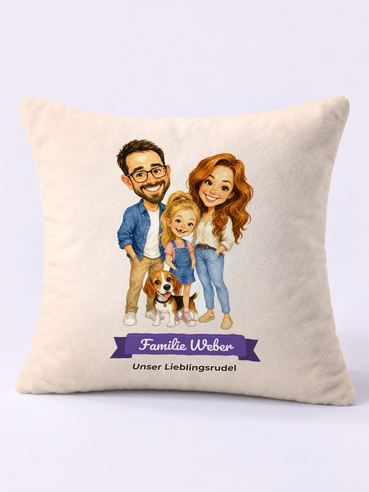Beispiel: Kissen 40 × 40 cm mit lustiger Karikatur und Textband