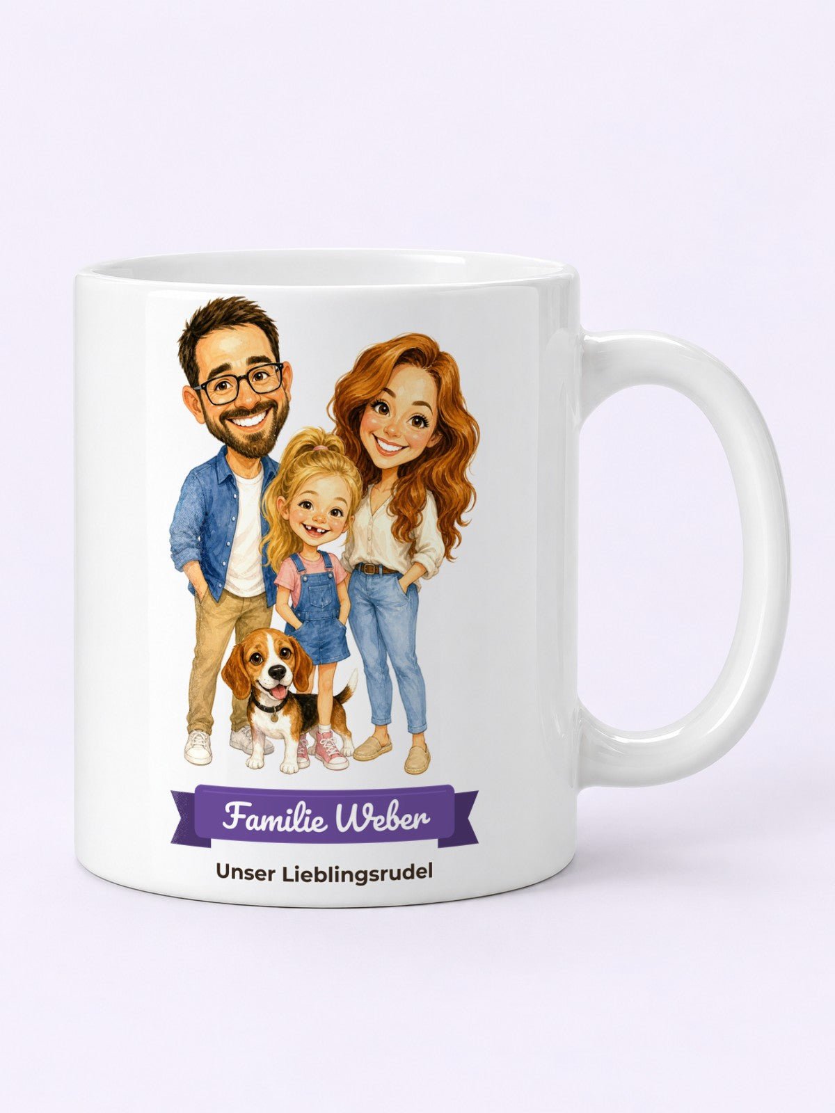 Beispiel: Tasse · Full print mit lustiger Karikatur und Textband