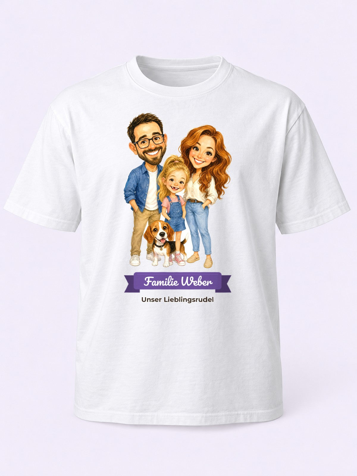 Beispiel: T-Shirt in Weiß mit lustiger Karikatur und Textband