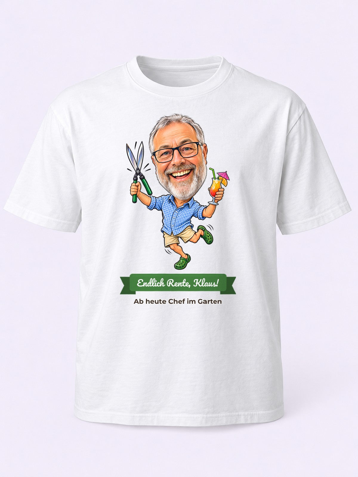 Beispiel: T-Shirt in Weiß mit lustiger Karikatur und Textband