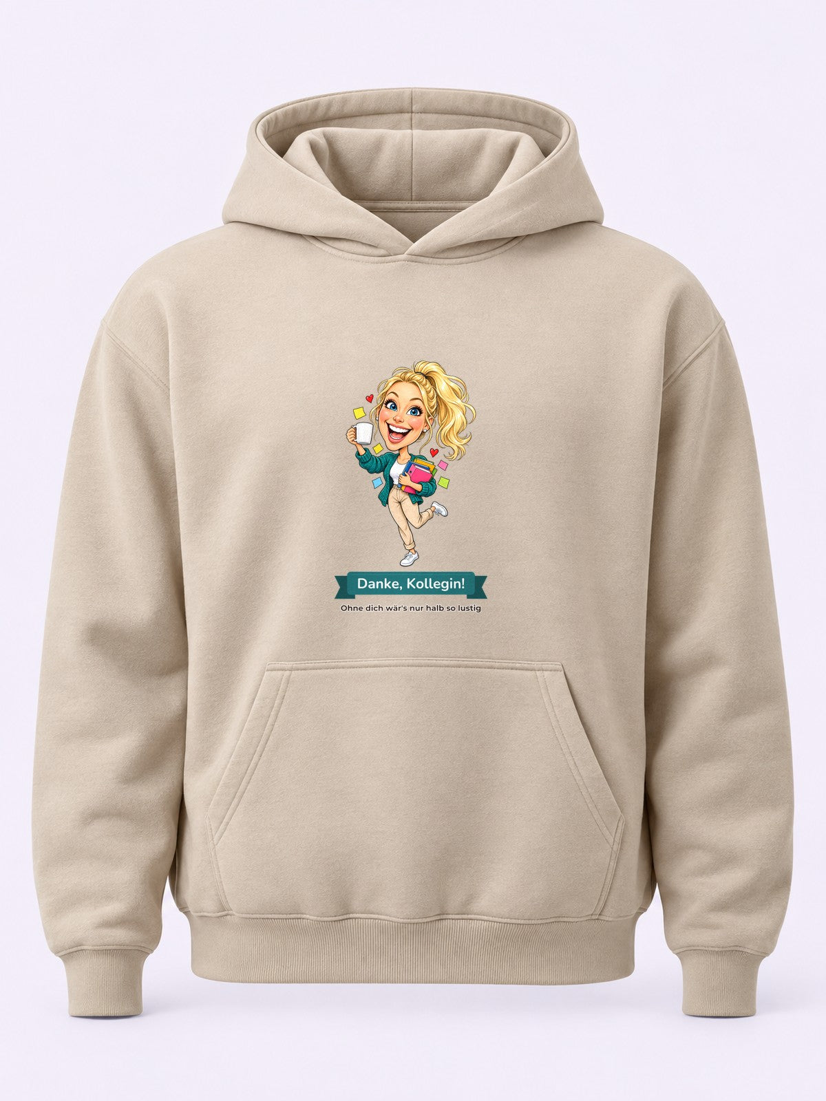 Beispiel: Hoodie in Sand mit lustiger Karikatur und Textband