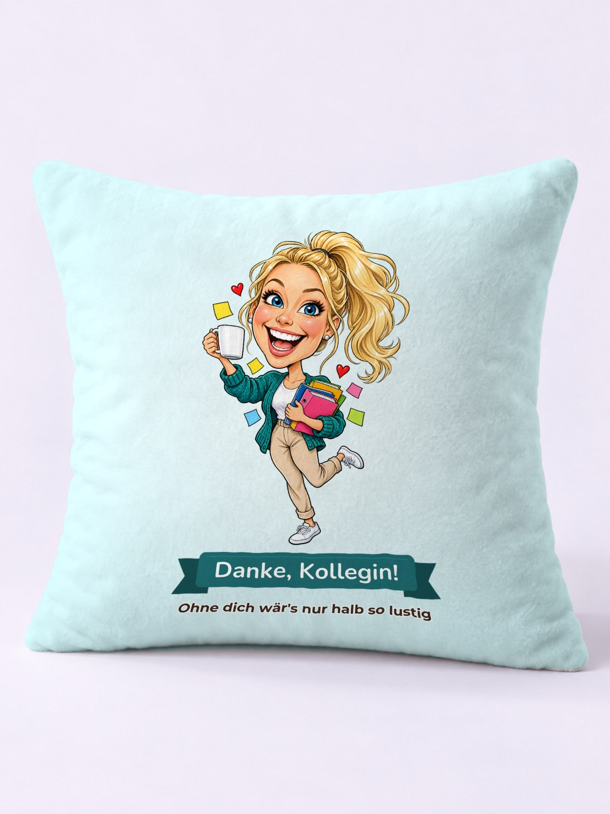 Beispiel: Kissen 40 × 40 cm mit lustiger Karikatur und Textband