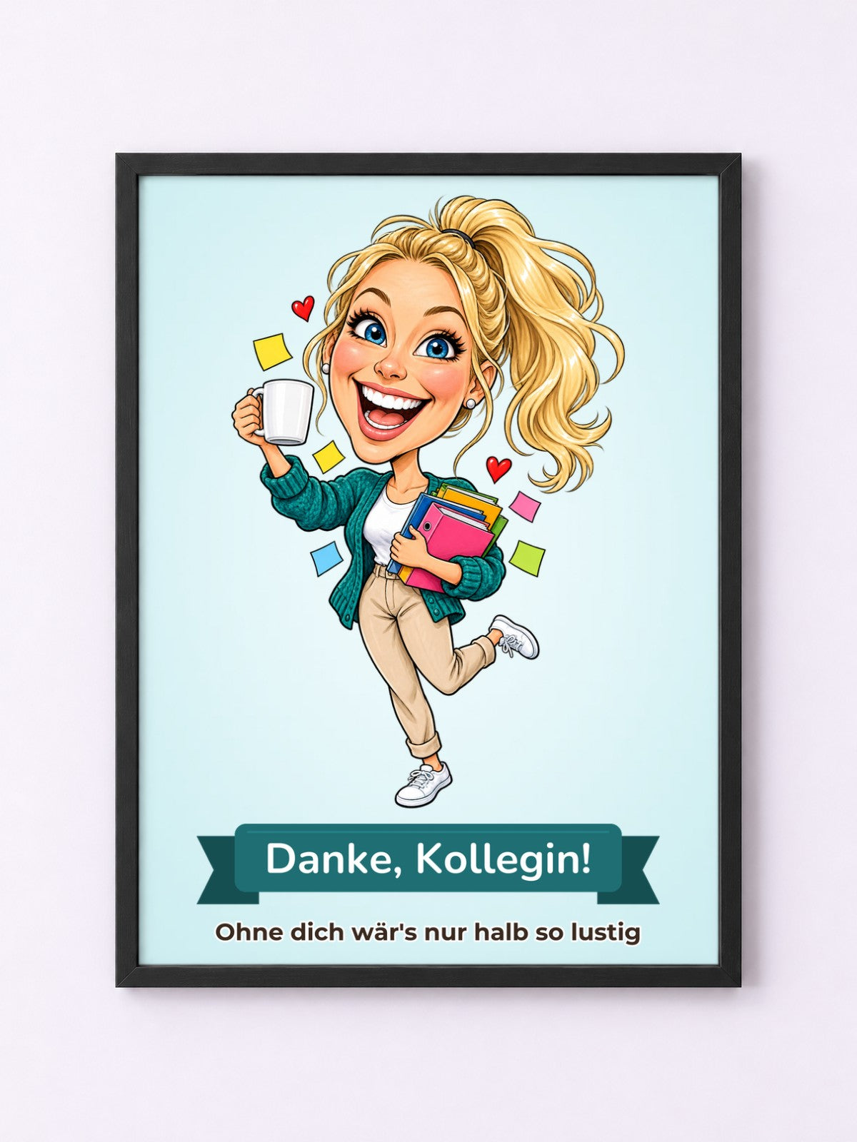 Beispiel: Poster mit Rahmen in Schwarz mit lustiger Karikatur und Textband