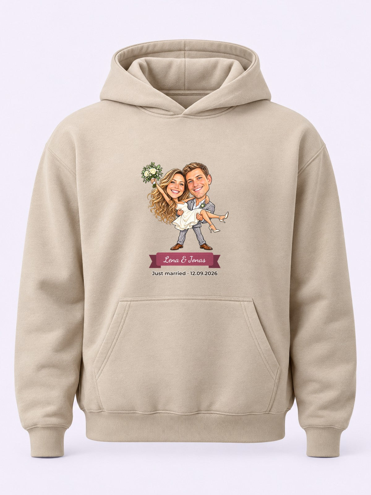 Beispiel: Hoodie in Sand mit lustiger Karikatur und Textband