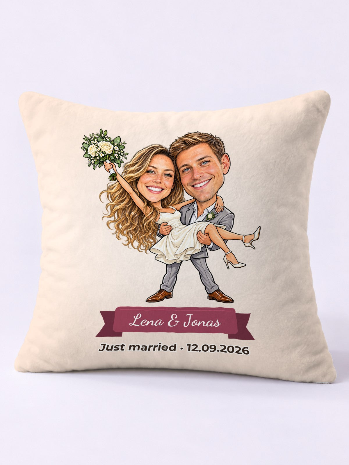 Beispiel: Kissen 40 × 40 cm mit lustiger Karikatur und Textband