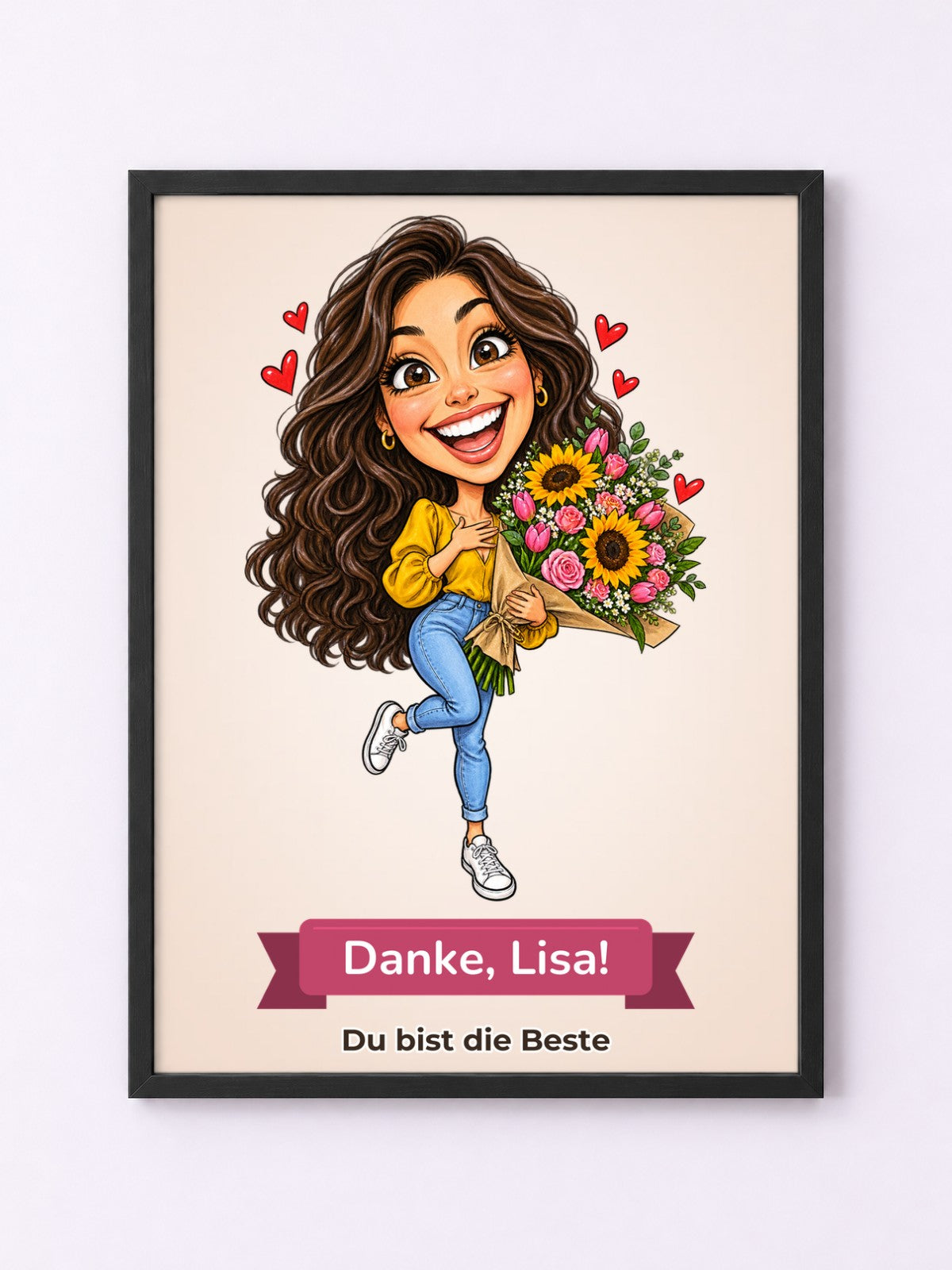 Beispiel: Poster mit Rahmen in Schwarz mit lustiger Karikatur und Textband