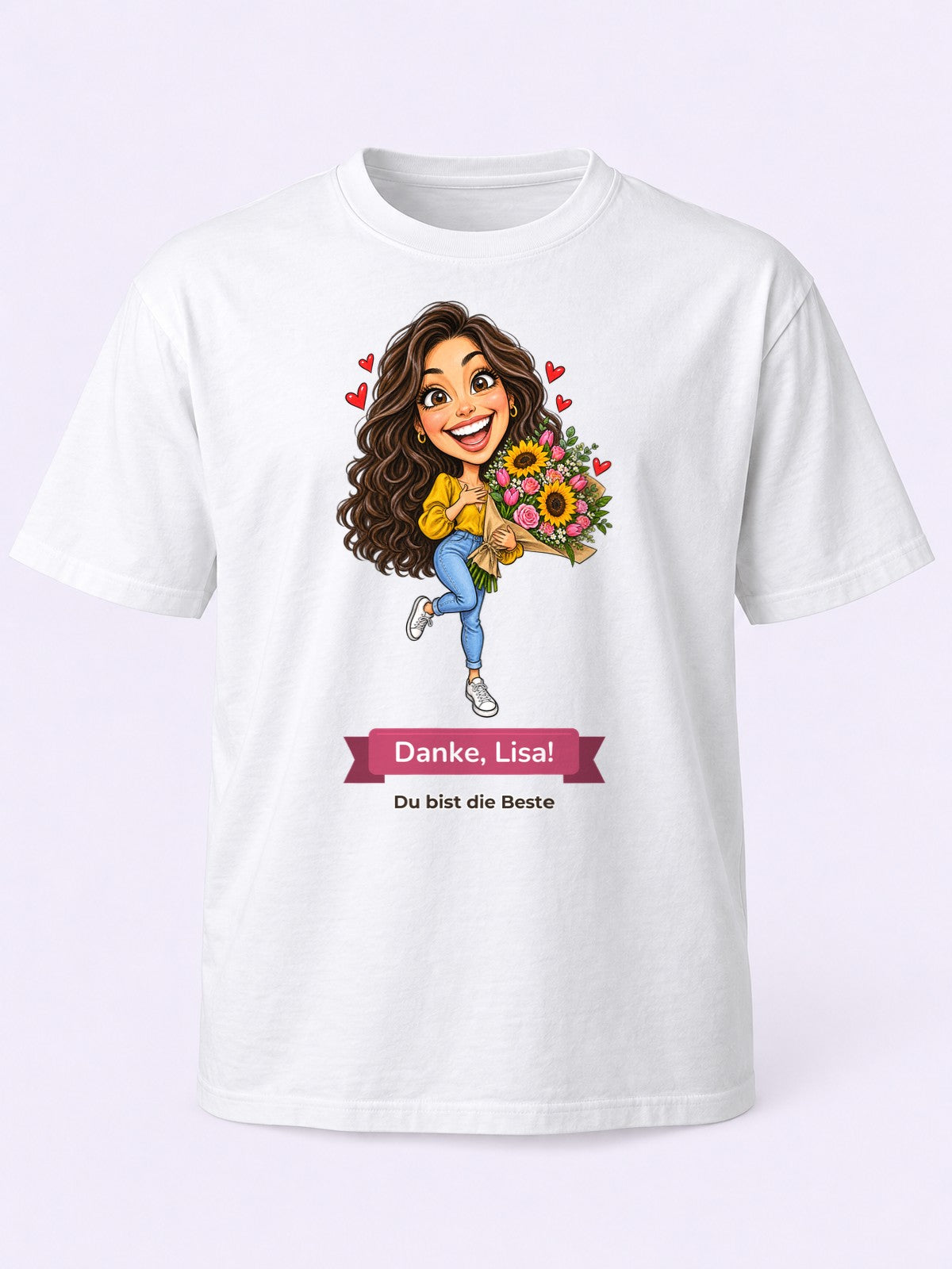Beispiel: T-Shirt in Weiß mit lustiger Karikatur und Textband
