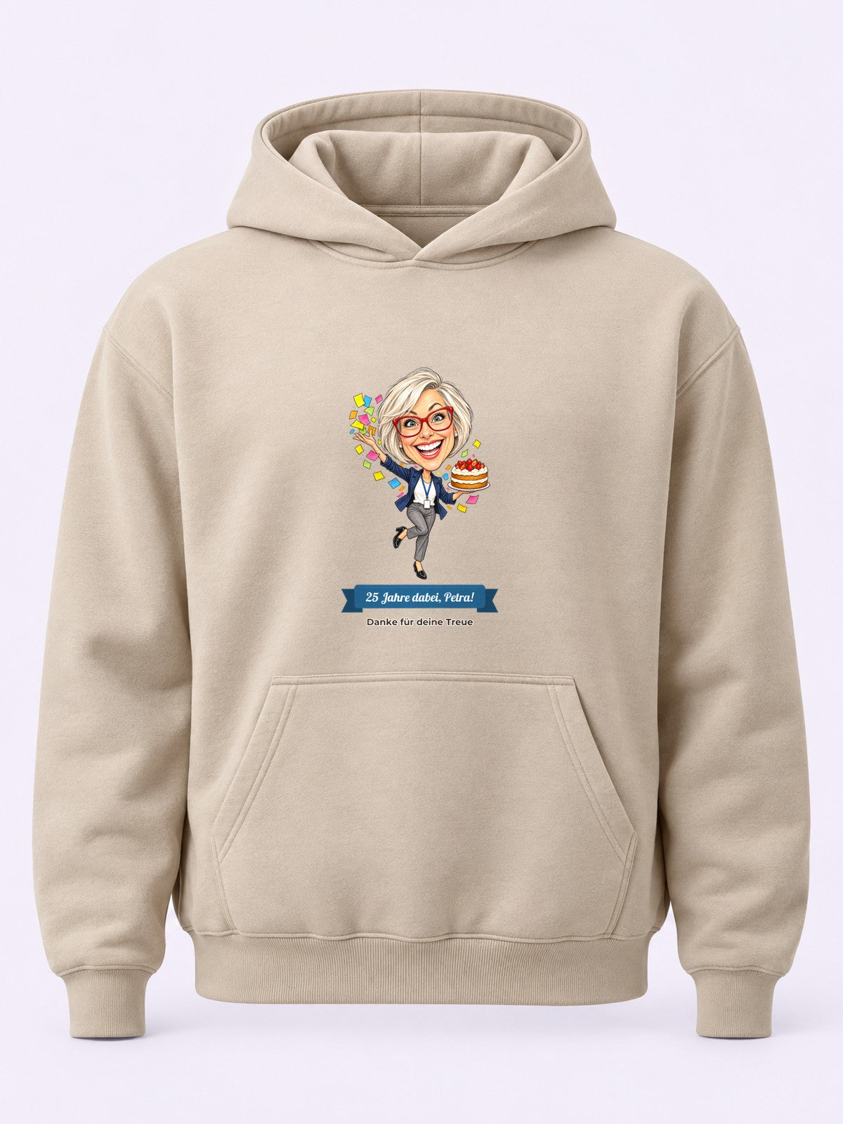 Beispiel: Hoodie in Sand mit lustiger Karikatur und Textband