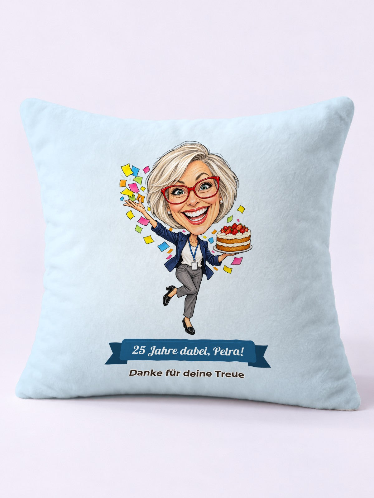 Beispiel: Kissen 40 × 40 cm mit lustiger Karikatur und Textband