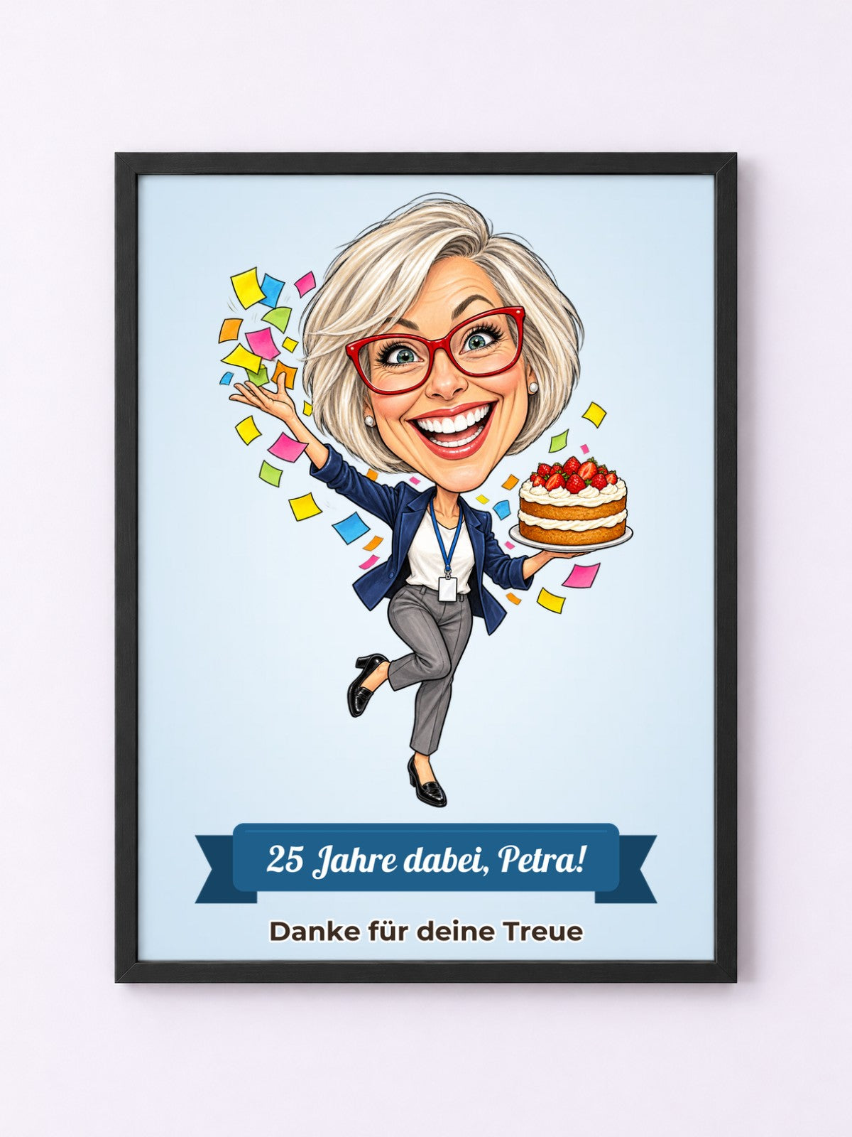 Beispiel: Poster mit Rahmen in Schwarz mit lustiger Karikatur und Textband